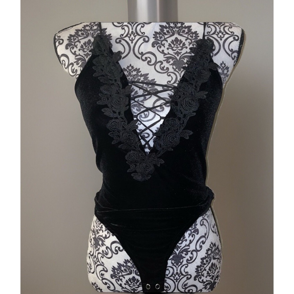Express Womens Bodysuit XS Black Velour Velvet Thong Top Plunge V Neck Tank